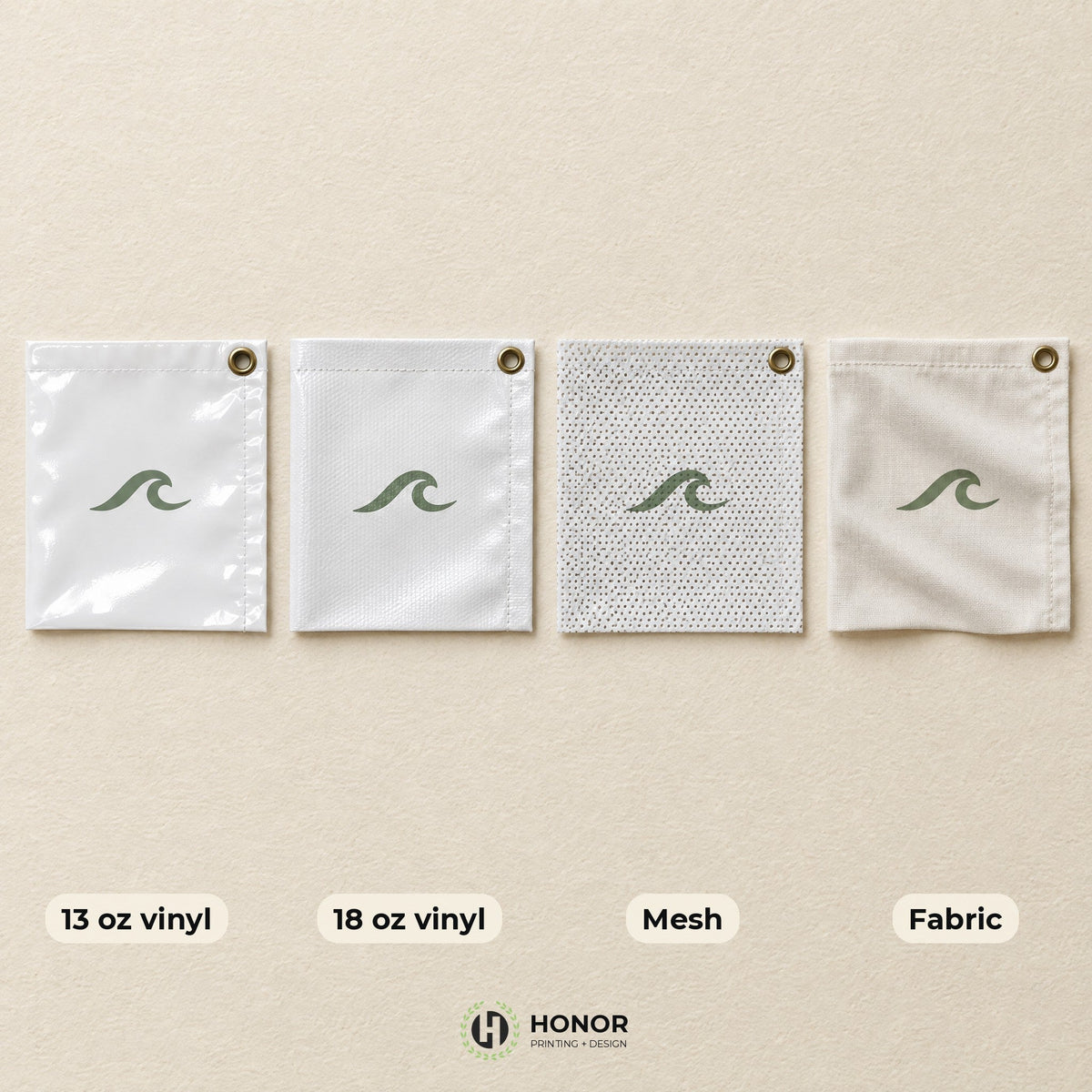 Four banner swatches side by side, labeled 13 oz vinyl, 18 oz vinyl, mesh and fabric, each with a grommet