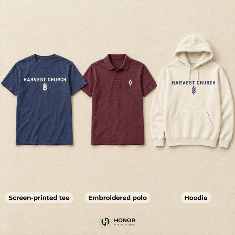 Navy screen-printed tee, maroon embroidered polo and cream hoodie laid side by side, each labeled with its print method