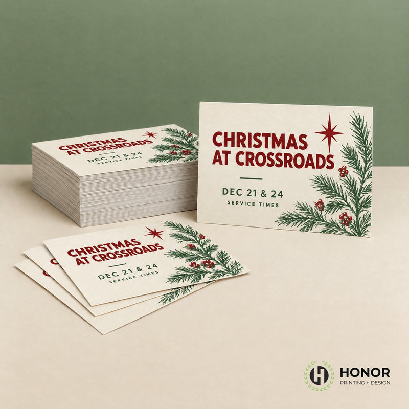 A stack of cream Christmas invite postcards with red lettering and pine branches, on a green and tan background