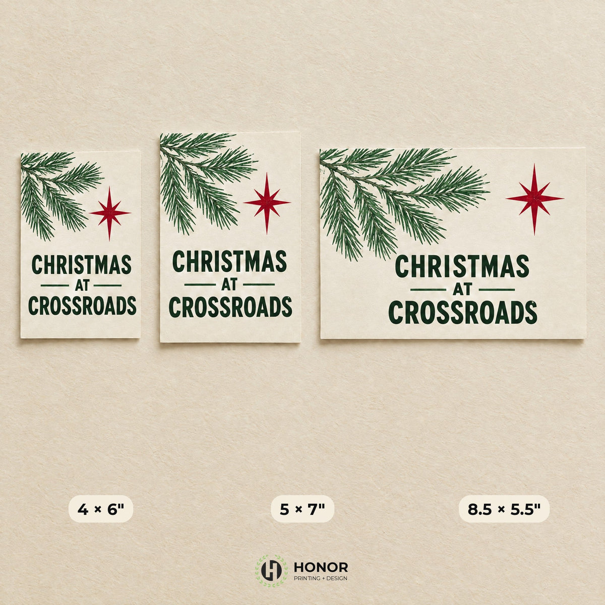 Printed postcards in three sizes laid side by side for comparison