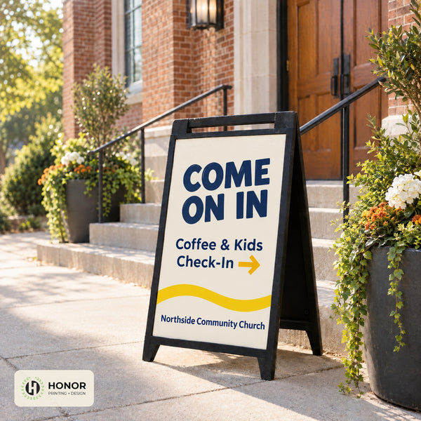 A-frame sidewalk sign in use at a church or event