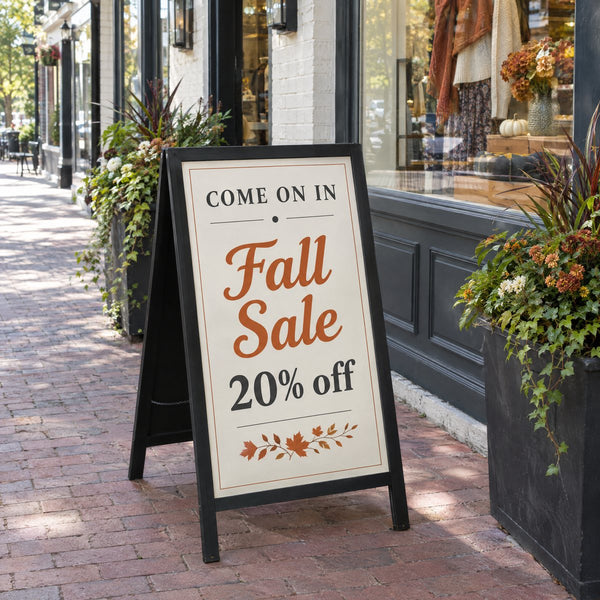 A-frame sidewalk sign outside a small business storefront