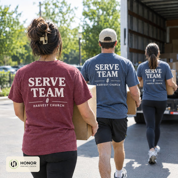 Custom t-shirts and apparel in use at a church or event