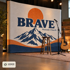 Fabric pop-up display in use at a church or event