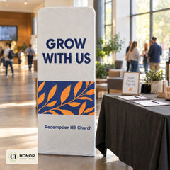 Fabric tube display in use at a church or event