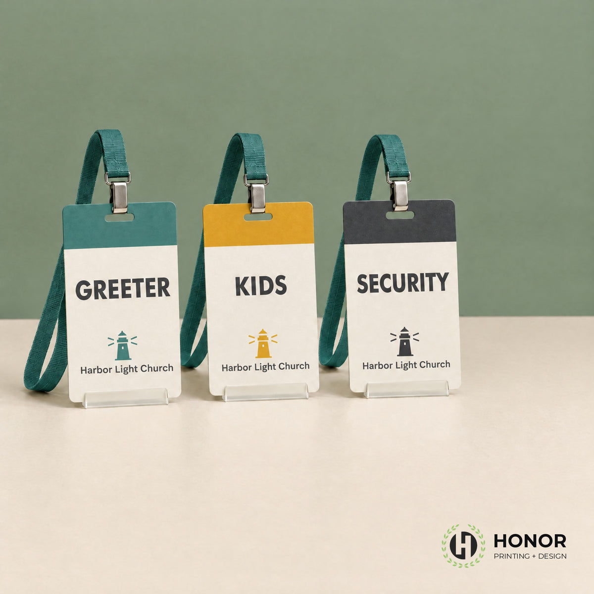 Custom lanyard signs for greeter, kids and security teams — Honor Printing + Design