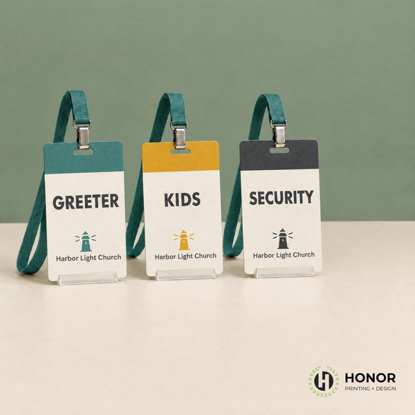 Custom lanyard signs for greeter, kids and security teams — Honor Printing + Design