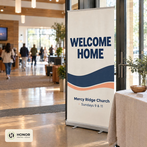 Retractable banner in use at a church or event