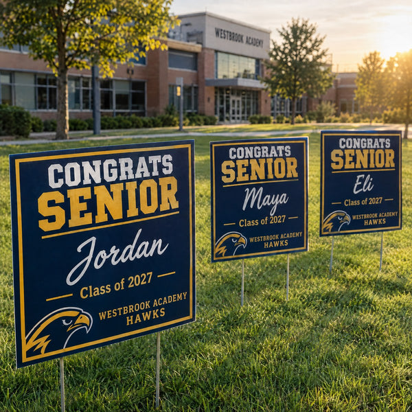 Graduating senior yard signs on a lawn