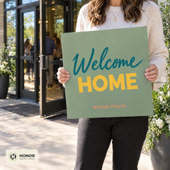 Welcome signs in use at a church or event